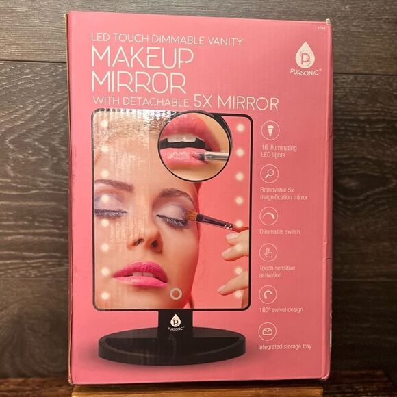 Pursonic LED Touch Dimmable Makeup Mirror, Detachable 5X Mirror in Black. NIB - Picture 2 of 10